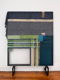 Cyle Warner, <em>a vessel a jam slow</em>, 2023. Various fabrics and inkjet on fabric on wooden frame, 76 x 64 inches. Copyright The Artist. Courtesy of Welancora Gallery.