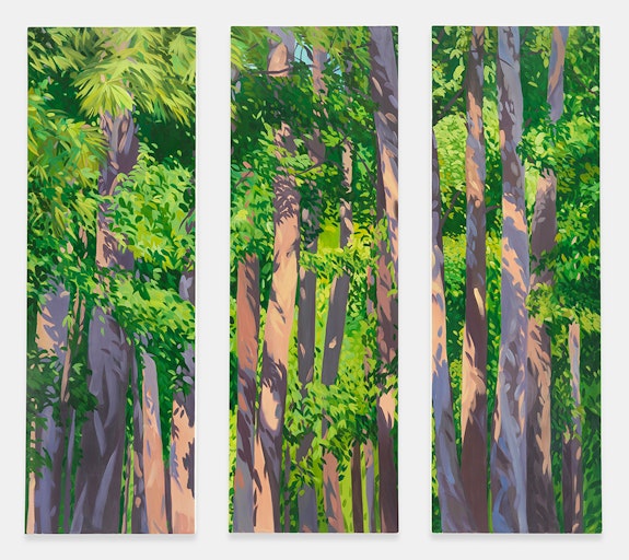 Julie DeVries, <em>Pineywoods</em>, 2022. Oil on canvas Triptych, overall: 90 x 106 inches. Courtesy Hunter Dunbar Projects. 