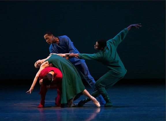 Jovani Furlan, Megan Fairchild, Kennard Henson, and Christopher Grant of New York City Ballet in Alexei Ratmansky’s <em>Russian Seasons</em> (2006) in 2021. Photo: Erin Baiano.
