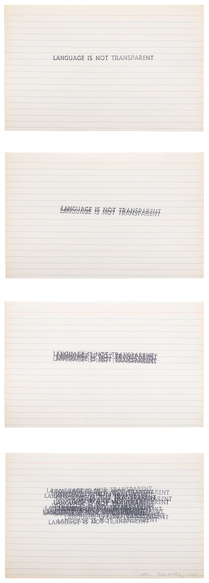 Mel Bochner, <em>Language Is Not Transparent</em>, 1969. Rubber stamp on four note cards, 5 x 8 inches each. Courtesy the artist and Peter Freeman, Inc., New York.