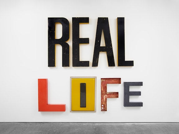 Jack Pierson, <em>REAL LIFE</em>, 2023. Metal, paint, plexiglass and wood, approx: 107 x 132 x 4 inches. © Jack Pierson. Courtesy Lisson Gallery.