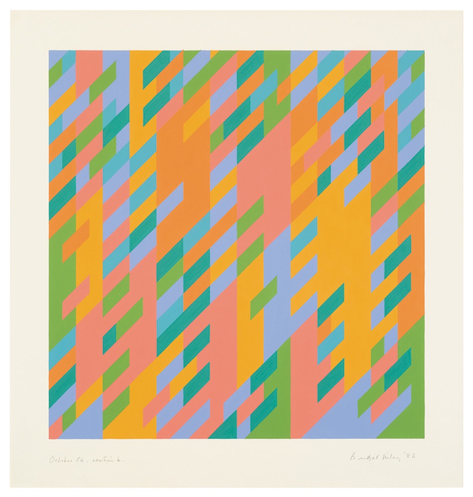 Bridget Riley, <em>October 24 revision B</em>, 1986. Gouache on paper, 26 3/4 × 25 3/8 inches. Collection of the artist. © Bridget Riley 2023. All rights reserved.