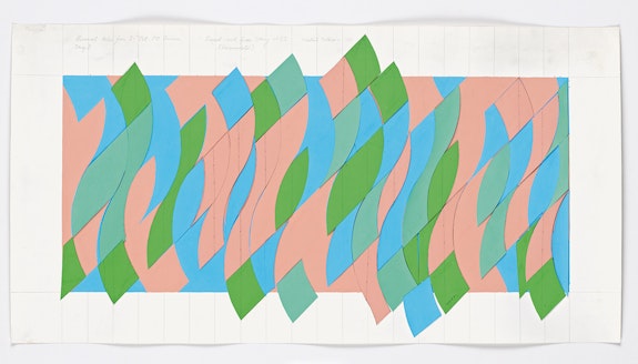 Bridget Riley, <em>Movement Taken from 21st October '00 Bassacs. Study B</em>, 2000. Pencil and gouache on paper with collage, 18 3/4 × 36 1/8 inches. Collection of the artist. © Bridget Riley 2023. All rights reserved.