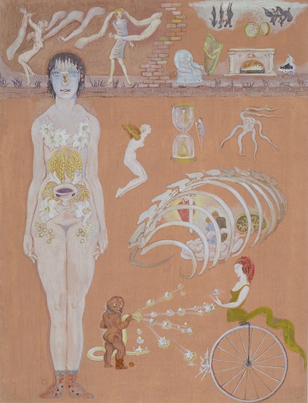 Mina Loy, <em>Untitled (Surreal Scene)</em>, ca. 1935, gouache with collage on panel, 20 3/4 × 16 3/4 inches. Private collection. Photo: Jay York.