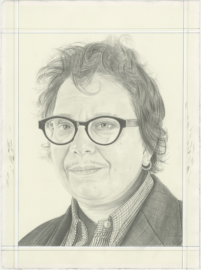 Portrait of Sheila Pepe, pencil on paper by Phong H. Bui.