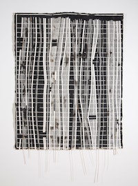 Christine Howard Sandoval,<em> Ignition Pattern 1: Density</em>, 2023. Soot, bear grass, handmade paper, 74 × 48 × 2 inches.