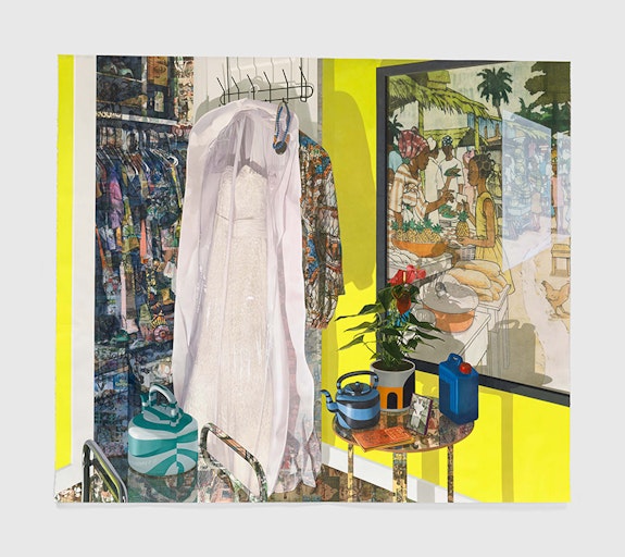 Njideka Akunyili Crosby, <em>Ejuna na-aga, ọ kpụlụ nkọlikọ ya; </em>New Haven (Enugu) in New Haven CT), 2022. Acrylic, colored pencil, charcoal, and transfers on paper. © Njideka Akunyili Crosby. Courtesy the artist, Victoria Miro, and David Zwirner.