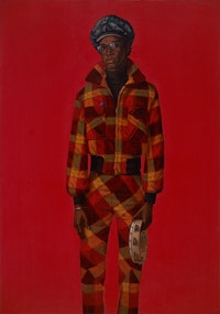 Barkley L. Hendricks, <em>Blood (Donald Formey), </em>1975. Oil and acrylic on canvas, 72 x 50 1/2 inches. Collection of Jimmy Iovine and Liberty Ross. Artwork: © Barkley L. Hendricks; courtesy the Estate of Barkley L. Hendricks and Jack Shainman Gallery, New York.