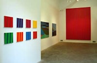 Spectrum exhibition installation, right to left: 8 works by Gabriele Evertz, 2 works by Margaret Neill, back wall: Gabriele Evertz; REDS and ICEBLUES, acrylic on canvas 2008 , 144