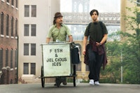 <i>Squires and Luke selling it big on the streets. Photo courtesy of Sony Pictures Classics.</i>