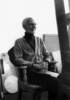Edwin Denby, sitting ofr a portrait by George Schneeman, January 1980.  Photograph by Ron Padgett.