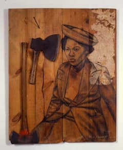 Whitfield Lovell, “Cut”, (2008). Conte crayon and wallpaper on wood, axes, nails. 46 ½  x 37 x 4 in. Courtesy DC Moore Gallery (New York).