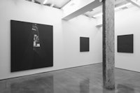 Joan Banach, <i>Citizen</i>, installation view: from left, "Citizen" (2003-2004), white pencil and reconstituted oil on wood, 84 x 72 inches; "Visitor" (2007), reconstituted oil on wood, 38 x 32 inches; "Adversary" (2007), reconstituted oil on wood, 38 x 32 inches. Courtesy of the artist and Small A Projects. Photo: Thomas Mueller.