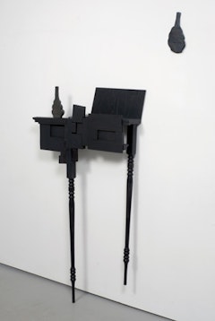 Keiko Narahashi, “Untitled (one black vase, split),” 2009, ceramic, wood, acrylic, 57 1/2” x 32 1/2” x 6 3/4” + 10 3/4” x 5” x 1/2”.