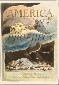 William Blake, plate 2 (title page) from <i>America: a Prophecy</i> (1793). Relief etching with hand coloring and white line etching. Copy A, printed ca. 1795. Purchased by Pierpont Morgan, 1909; PML 16134.