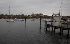 Boats moored and docked in Sheepshead Bay. 