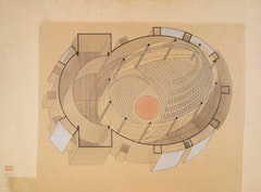 Walter Gropius (drawing by Stefan Sebök),Total-Theater, Berlin (1927).Ink, gouache, and spatter paint on composition board. 32 5/8