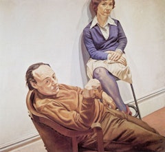 Philip Pearlstein, “Al Held and Sylvia Stone” (1968). Oil on Canvas, 66 x 72 inches, 167.64 × 182.88 cm. © Philip Pearlstein, Courtesy Betty Cuningham Gallery, New York