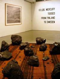 Installation view of: Terry Adkins & Blanche Bruce, Cinnabar (2010), Sophie Ristelhueber, Because of Dust Breeding (2007) and Lawrence Weiner, 10 LBS. MECURY TOSSED FROM FINLAND TO SWEDEN (1970). All images courtesy of the gallery.

