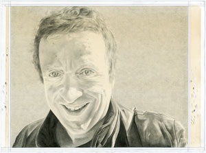Portrait of Christopher Knight. Pencil on paper by Phong Bui.