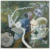 Ellen Lanyon, “Majolica Tea” (2010). Acrylic on canvas . 36 x 36 inches. Courtesy Pavel Zoubok Gallery.