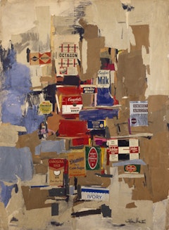 “Labels” (1956). Colored paper, printed paper, ink, charcoal, gouache, and pastel on cardboard. 48 7/8 x 35 3/8 in. Museo de Arte Contemporáneo Esteban Vicente, Segovia.