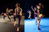 Left (pictured front to back): Natalie Green, Stacy Grossfield, and Miriam Wolf in Natalie Green’s “nerves like tombs, nerves like nettles.” Right (pictured left to right): Maggie Thom, Ben Asriel, Madeline Best, and Anna Carapetyan in Juliana F. May/MAYDANCE’s “Gutter Gate.” Photos by Yi-Chun Wu, courtesy of Dance Theater Workshop.
