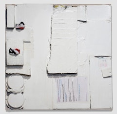 Rochelle Feinstein, “Nude Model,” 2009. Styrofoam, enamel, cloth, paper mounted on stretcher. 36 x 36”.