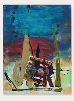 Rochelle Feinstein, “!” 2010. Oil, leaf, acrylic, fabric on canvas. 49 x 38”.