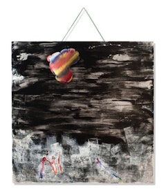 Rochelle Feinstein, “No Joke,” 2009. Oil, acrylic, vinyl, bungee on canvas. 60 x 60 inches.