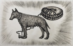 Paolo Canevari, “Godog,” from the Decalogo series, 2008. Etched copper and dry-point, nickel-plated, 55 x 35 x 3/4 inches. Courtesy of the artist and Gallery Christian Stein, Milan.
