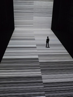 Installation view of Ryoji Ikeda’s “test pattern [nº 3],” a version of which is on view at the Park Avenue Armory as part of his digital and sonic installation the “transfinite.” Image courtesy Théâtre de Gennevilliers.
