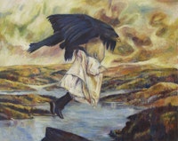 Keith Mayerson, â€œThe Abduction of Ganymede (Rescued from an Eagleâ€™s Nest)â€� (2006). Oil on linen. 48 Â½