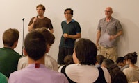 Light Industry co-founders Thomas Beard (left) and Ed Halter introduce scholar Douglas Crimp at an event in August 2010. Photo by Marten Elder.