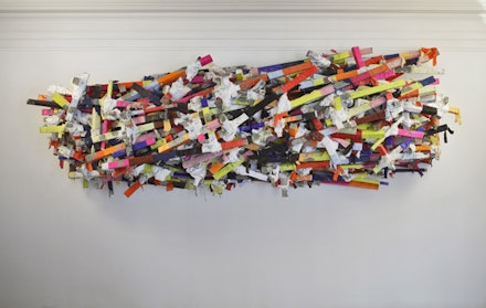 Phyllida Barlow, “RIG: untitled; broken shelf 3,” 2011. Steel bracket, timber lengths, fabric, plaster, scrim, tape. 46 7/8 x 141 3/4 x 35 3/8”. Installation view. Hauser & Wirth London, Piccadilly, 2011. © Phyllida Barlow. Courtesy the artist and Hauser & Wirth. Photo: Peter Mallet.