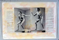 <i>Interior Scroll</i> (1975)
Photo collage with text: beet juice, urine and coffee photographic print; 72w x 48h inches. (Photos copyright Anthony McCall). Copyright Carolee Schneemann