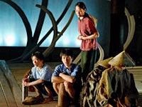 Left to right: Genevieve DeVeyra, Dinh W. Doan, Karen Tsen Lee and puppeteer Timothy McCowan Reynolds in Ma-Yi Theater Company's production of Qui Nguyen's Trial By Water. Photo by David Gochfeld.