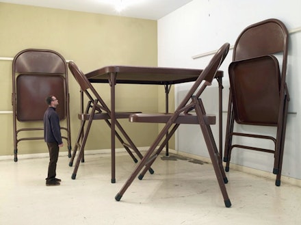 Robert Therrien, “No Title (folding table and chairs, green),” 2007. Painted metal and fabric. Table: 96 x 120 x 120”. 4 Chairs: 104 x 64 x 72”. © Robert Therrien; courtesy Gagosian Gallery.