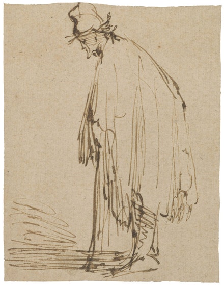 Rembrandt Harmensz, van Rijn, “A Beggar, Facing Left, Leaning on a Stick.” Pen and brown ink. 4 7/16 x 3 1/2”. Courtesy of the Morgan Library & Museum, New York.