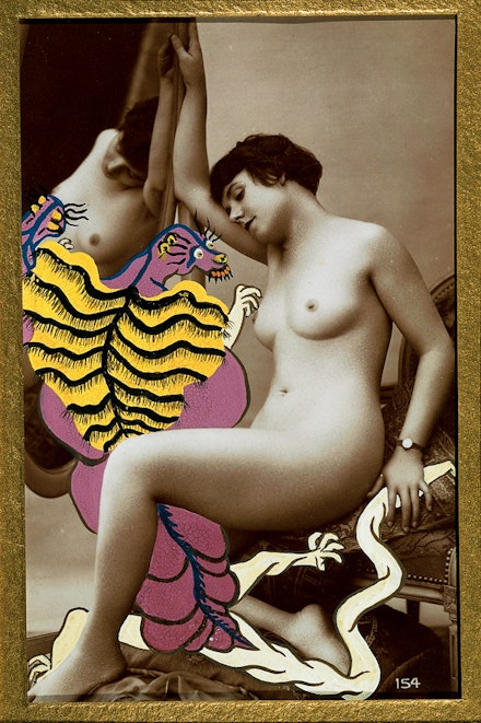 Georges Hugnet. “La Granivelle d'Austerlitz (The Austerlitz Spandle).” No. 30 from the series <em>La Vie Amoureuse des Spumifères (The Love Life of the Spumifers)</em>, 1947-48. Gouache on vintage (ca. 1920). Carte postale 5 3/8″ x 3 3/8″. Image 9 3/4″ x 7 1/4″ mount.