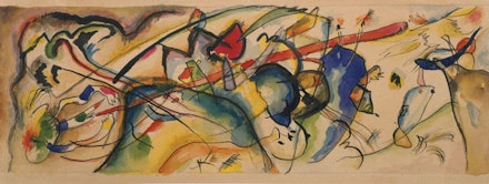 Vasily Kandinsky, Watercolor after Painting with White Border (Aquarell nach Bild mit weibem Rand), 1915.  Watercolor, India ink, and pencil on paper, 12.9 x 33.7 cm. The Hilla von Rebay Foundation, on extended loan to the Solomon R. Guggenheim Museum, New York 1970.37. © 2011 Artists Rights Society (ARS), New York/ADAGP, Paris.