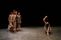 Chorus (Becky Chaleff, Alexandra Berger, Sam Swanton, Liesbeth Demaer Ingenito, Timothy Emmett Lee Ward, Suzanne Thomas) and Jesse Dunham in Pat Catterson's <i>To Lie in the Sky</i>.
