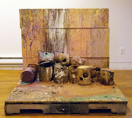 Tona Pellizzi & Ray Smith, “Miramón,” 2011-12. Oil, acrylic, and enamel paint. Paint cans on palettes. 47 x 49 x 43”. 