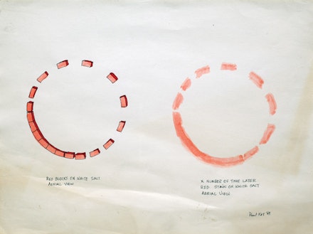 Paul Kos, “Red Salt Blocks on White Salt,” 1969. Ink on chrome coat paper. 9 x 12”. Courtesy Nyehaus.