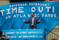 Hakeem Jeffries speaking at the Atlantic Yards rally, May 3, 2008. Photo by Gilly Youner, flickr.com.
