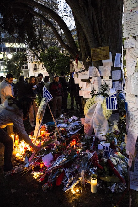 The tribute to Dimitris Christoulas in Syntagma Park under the tree where he shot himself. Photo: Jack Zalium, flickr.com. 