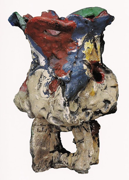 Jim Leedy, “Untitled Stilted Vessel,” 1953. Low-fired stoneware with resin glazes, 9 x 6”.