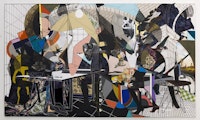 Francesca DiMattio, “Guilloche,” 2012. Oil, acrylic, and collage on canvas, 108 x 180”; each panel 108 x 90”. Image courtesy Salon 94.