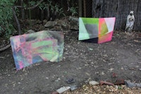Alyse Ronayne, Installation view of “Moon Math” and “Untitled (DomeMath),” 2012. Spray Paint, Cellophane, Aluminum. 